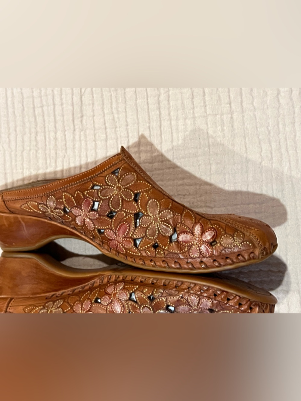 Pikolinos Floral Boho Cutout Leather Mules Brown Low Wedge Slides Womens SZ 41